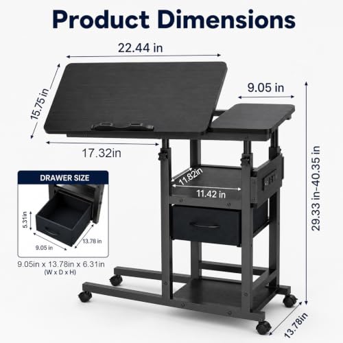 DAPOTUG Adjustable Overbed Bedside Table with Wheels, Charging Station | Tilting Top, Adjustable Side Table, 2-Tier Storage with Drawer, Over Bed Table, C-Shaped End Table for Beds, Couch - color: Black