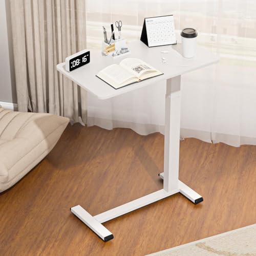Ywin Medical Adjustable Overbed Bedside Table with Wheels, Rolling Standing Desk, Pneumatic Small Side Bed Table with Tray for Couch, Hospital, Home,Office Use (White) - color: White, size: 28''W X16''D