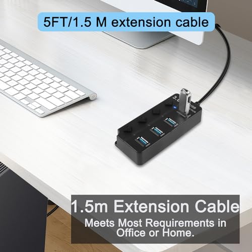 5FT 4-Port USB3.0 Expander Hub, USB 3.0 Fast Data Hub with Individual LED Power On/Off Switches, Portable USB Port Extender for PC, USB Flash Drives and More