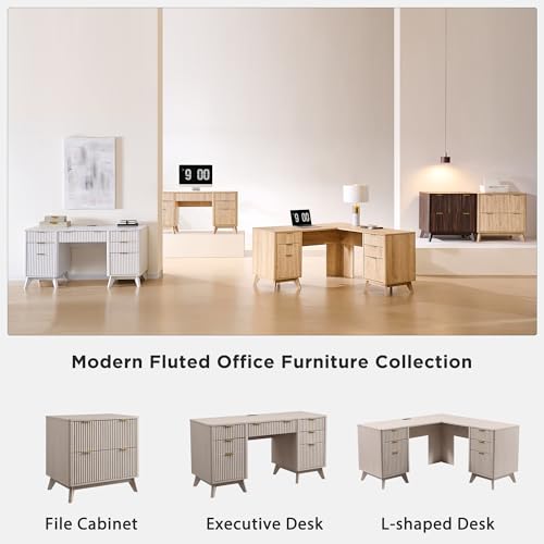 T4TREAM Fluted Executive Desk with Drawers, 60" Modern Home Office Computer Desk with Charging Station, File Cabinet, Keyboard Tray and Storage Cabinet for Study, Living Room, Bedroom, Alder White - color: Alder White