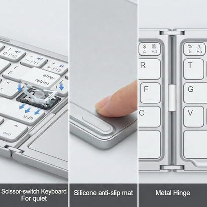 Bluetooth Foldable Keyboard with Touchpad, Tri-Fold Wireless Foldable Keyboard for iPad, Phone, Tablet, Auto Reconnect Portable Wireless Keyboard for Travel, Slim Magnetic Folding Keyboard Bluetooth - size: Silver With Touchpad