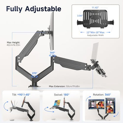 Suptek Monitor Laptop Mount Stand, 2 in 1 Function Dual Monitor Arms Desk Mount for 13"-18" Notebook and 17"-32" Monitor with Laptop Tray,Holds up to 22lbs - style: Laptop Monitor Mount