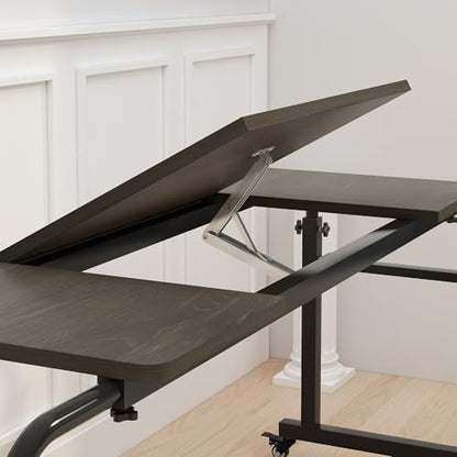 TigerDad Tilt Overbed Table with Wheels, Height Adjustable Rolling Desk for King Queen Bed, Tilting Laptop Cart Mobile Computer Workstation, Dekuwood - color: Tilt Overbed Table- Dekuwood