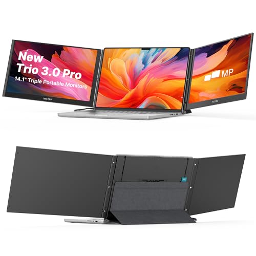 New Mobile Pixels Trio 3 Pro Triple Portable Monitor, 14.1" QHD 1400P Monitor with Built-in Kickstand, Expand to Triple Screens with USB-C, 65W Pass-Through Charging, Compatible with Mac & Windows