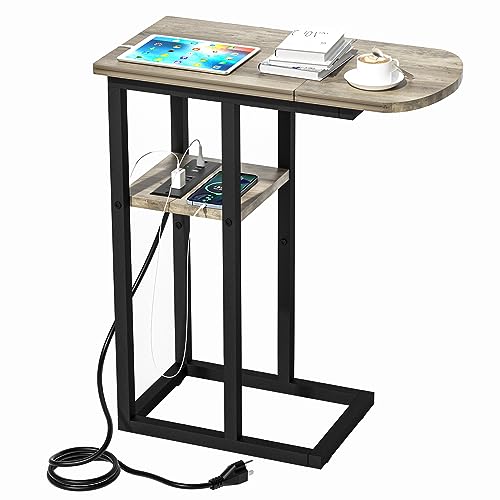 eiskah C Table End Table with Charging Station, Couch C Shaped Side Table for Living Room, Bedroom, Laptop Table with USB Ports and Type-C Port, Snack Tray Table for Couch - color: Greige
