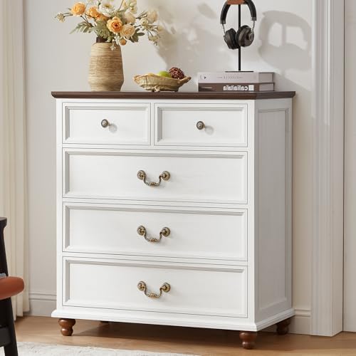 Joaxswe Farmhouse 5 Drawer Dresser for Bedroom, 35" Tall Rustic Chests of Drawers w/ 4 Solid Wood Feet, Mid Century Modern Wooden Closet Storage Dressers Organizer for Living Room, Hallway,White - color: White, size: 15.7"D x 31.5"W x 35.2"H (5 Drawers)