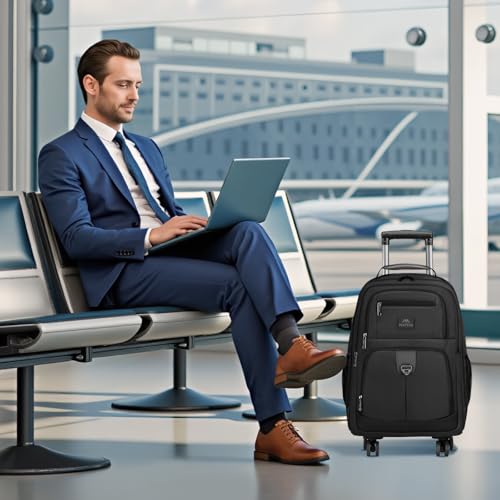 MATEIN Rolling Backpack with 4 Wheels, 17 inch Spinner Backpack for Men | Water Resisatnt Large Busines Travel Wheeled Bag, Airline Approved Roller Carry on Luggage Suitcase Bag, Black - color: Black, size: 17 inch