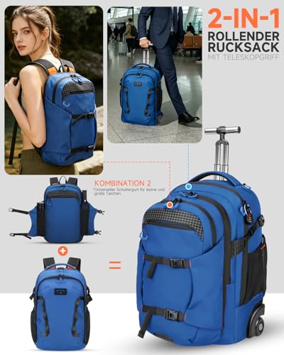 2-in-1 Detachable Rolling Backpack & Daypack, 56L Large Backpacks with Wheels Fits 17 Inch Laptop, Water Resistant, Carry On Luggage for College, Travel, Camping, Hiking Blue - color: Blue, style: Rolling Backpack