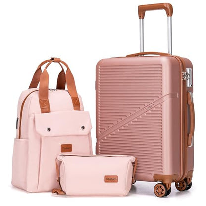 Cosbarn Carry On Luggage,3 Piece Suitcase Set,22x14x9 Airline Approved | Lightweight ABS Hardside Luggage, TSA-Approved Lock,Suitcases with 360° Spinner Wheels,20Inch,Matching Backpack,For Men&Women - color: RoseGold, style: Carry on Luggage With Backpack