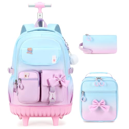 ACESAK Rolling Backpack for Girls - Roller Wheels School bag with Lunch Bag & Pencil Pouch for Teen Girls Kids Wheeled Suitcase Backpacks, Elementary Middle School Travel Daypack(Blue Purple) - color: Blue Purple