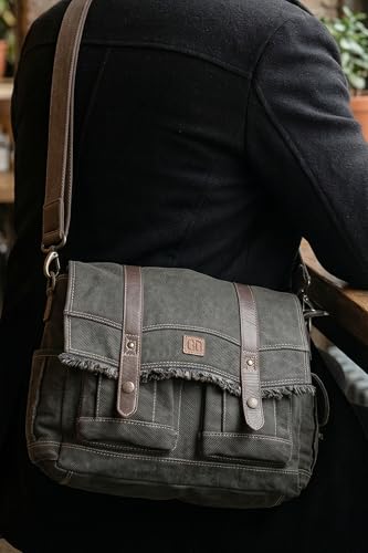 Easton Crossbody Messenger Bag | Denim Canvas Laptop Bag with Leather Accents | Multi Pocket Shoulder Bag - color: Charcoal