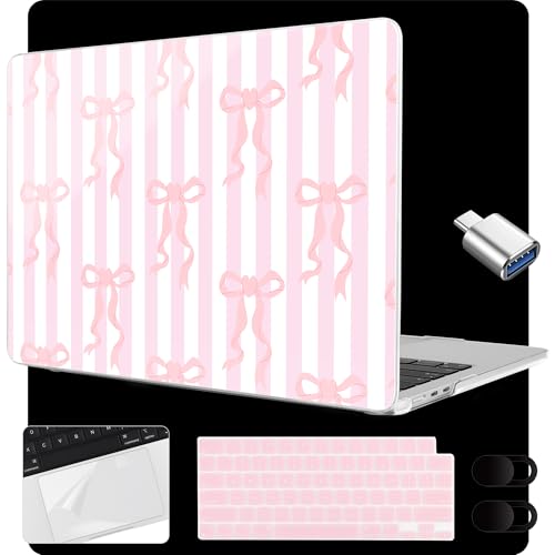 MEEgoodo Case for M5/M4/M3/M2 MacBook Air 15 inch Case 2026 2025 2024 2023, Laptop Shell Fit Model (A3448/A3241/A3114/A2941) for MacBook Air 15.3-inch, Pink Bows&Stripes - color: Pink Bows&Stripes