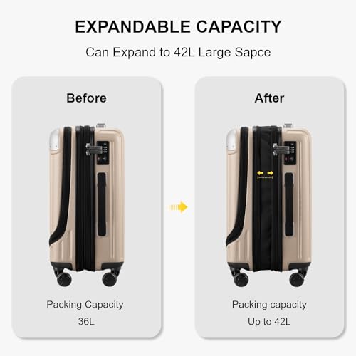 LEVEL8 Grace Carry on Luggage with Front Compartment, 20 Inch Expandable Hardside Suitcases with Wheels, Abs+Pc Harshell Spinner Luggages with Tsa Lock, Travel Bag for Women Men, Champagne - color: Champagne, size: 20 Inch - EXT