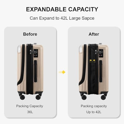 LEVEL8 Grace Carry on Luggage with Front Compartment, 20 Inch Expandable Hardside Suitcases with Wheels, Abs+Pc Harshell Spinner Luggages with Tsa Lock, Travel Bag for Women Men, Champagne - color: Champagne, size: 20 Inch - EXT