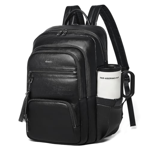 Shrrie 17 Inch Laptop Backpack for Women,Vegan Leather Backpack Purse,28L Work Business College Travel Computer Backpacks with Pouch Pocket for Large Capacity Cup & USB Charger,Black - color: Black