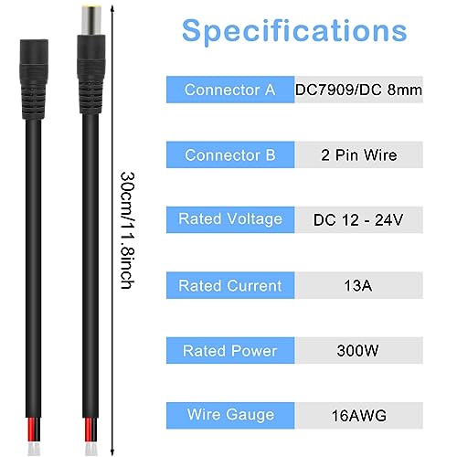 DC7909 Power Pigtails Cable, 12V DC 8mm Male Plug to Bare Wire Open End Power Supply Repair Replacement Barrel Connector Cord, 16AWG DC 7.9 x 5.5mm for Solar Cell Laptop Camera, 4 Pcs