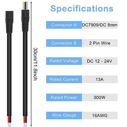 DC7909 Power Pigtails Cable, 12V DC 8mm Male Plug to Bare Wire Open End Power Supply Repair Replacement Barrel Connector Cord, 16AWG DC 7.9 x 5.5mm for Solar Cell Laptop Camera, 4 Pcs