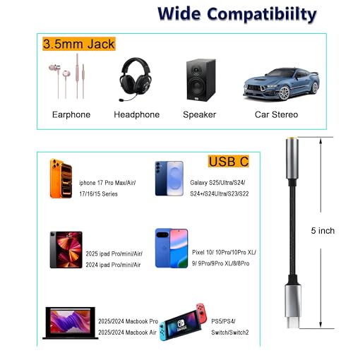 USB-C to 3.5mm Headphone Jack Adapter,Type-C to Aux Audio Female Adapter