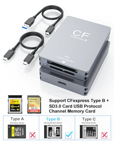 CFexpress Type B SD Card Reader 10Gbps Dual-Slot Memory Card Reader for Photographers,USB 3.2 Gen 2 Type B CF Express Adapter with USB C to USB C/A Cable,Compatible with Windows/Mac/Linux/Android