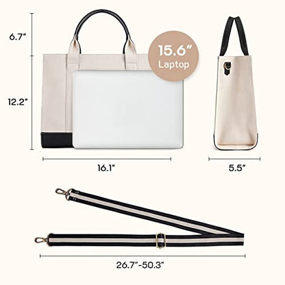 Missnine Tote Bag Canvas Laptop Bag 15.6 inch Briefcase for Women Large Capacity Handbag for Office, College, Travel (Black+Beige) - color: Classic Black