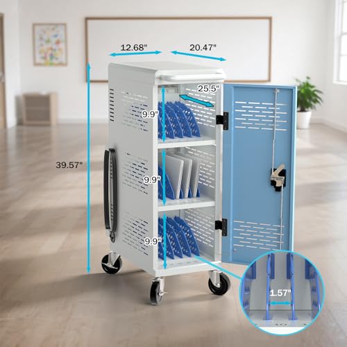 POCHAR Fully Assembled 18-Device Mobile Charging Cart for Chromebooks, Gray | Locking Laptop Cabinet with Cable Management, Cord Organization, Power Strip, Stores Tablets up to 14'' Screens