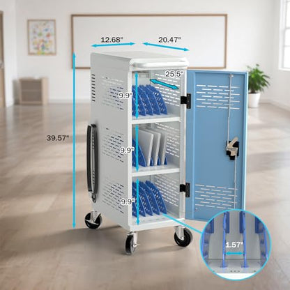 POCHAR Fully Assembled 18-Device Mobile Charging Cart for Chromebooks, Gray | Locking Laptop Cabinet with Cable Management, Cord Organization, Power Strip, Stores Tablets up to 14'' Screens