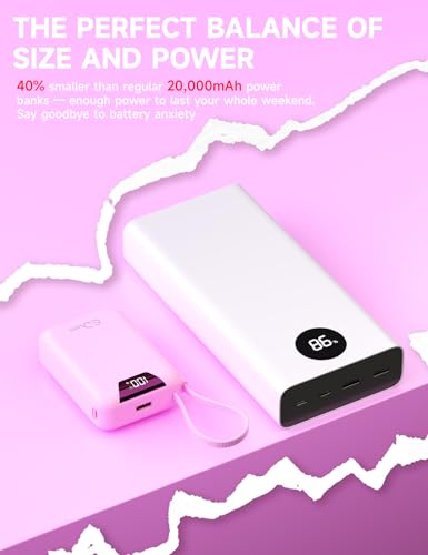 M2 Portable Charger, 20000mAh Power Bank, PD 35W Ultra Fast USB-C Built-in Cable, Compact Cute Mini External Battery Pack for iPhone, Samsung, Android iPad (Pink) - color: Pink