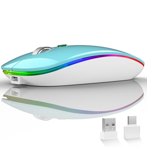 Uiosmuph LED Wireless Mouse, G12 Slim Rechargeable Silent Mouse - Blue | 2.4GHz Optical, USB C Charging, Quiet Click, LED, Portable, 1600DPI, USB Receiver, Type C Adapter, Cordless, for Laptop/Mac - color: Blue