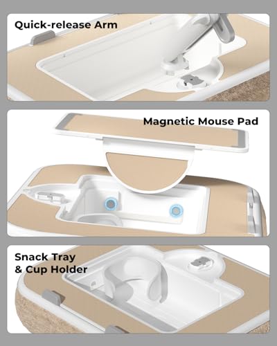 SupeDesk Laptop Lap Desk, Adjustable iPad Holder for Bed, 360° Swivel Tablet Arm, Laptop Desk with Mouse Pad, Snack Bowl & Cup Holder, Fits 4.7–13” Tablets & 15” Laptop (Beige) - color: Beige