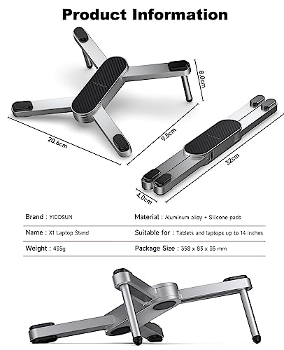 YICOSUN New Concept Laptop Stand - Adjustable Ergonomic Aluminum Riser for MacBook Pro/Air up to 15.6” - Foldable & Portable Computer Stand for Desk, Students, Office, Travel, Gaming - Gray - color: Grey