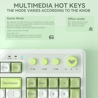 Aula F3099 Wireless Keyboard with Media Knob, Tri-Mode BT5.0/2.4GHz/USB-C Cute Creamy Keyboard with Number Pad, RGB Backlit Gaming Keyboard, Quiet Typing Green Computer Keyboards for Office Laptop/PC - color: White & Green