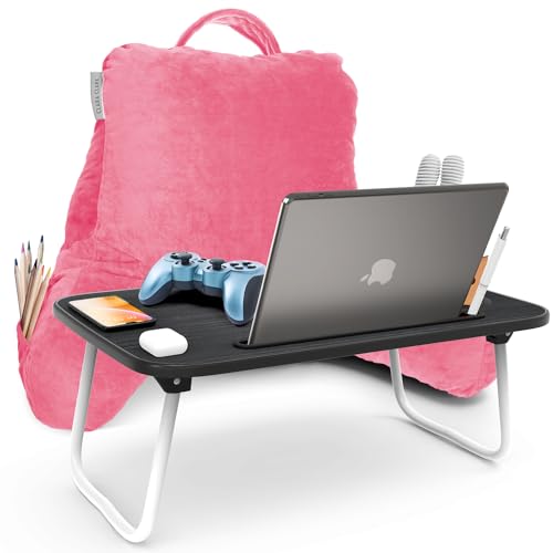 Clara Clark Reading Pillow with Portable Lap Desk Set for Kids, Back Pillow for Sitting Up in Bed, Memory Foam Back Support Pillow, Bed Rest Pillow with Foldable Laptop Desk, Small - Light Pink - color: Light Pink, size: Petite/Small