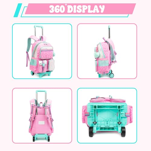 Meetbelify Backpack with Wheels for Girls Rolling Backpack Cute Carry on Backpack for Elementary Student - color: Love Pink