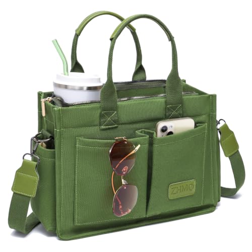 Canvas Tote Bag for Women,Women's Bags Crossbody Bags Work Laptop Tote Bag Large Handbags Purse for Travel Nurse Teacher - color: New Upgrade Army Green With Compartments and Side Cup Holders