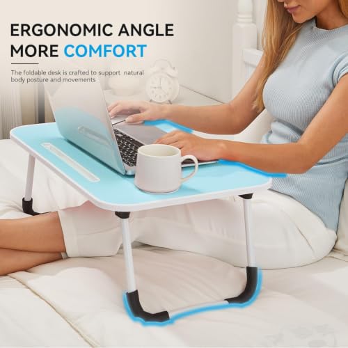 BUYIFY 23" Foldable Lap Desk for Laptop Writing w/Cup Holder Blue | Sturdy and Durable, Laptop Bed Desk with Tablet Slot, No Assembly, Space Saving for Bed Couch Dorm WFH Students - color: Blue
