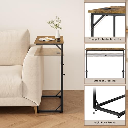 C Shaped End Table with Charging Station, Large C-Table End Table Adjustable Height Side Table for Couch, Couch Table Slide Under Sofa Table TV Tray Table for Sofa, Living Room, Bedroom,Brown - color: Rustic Brown, style: With Plug