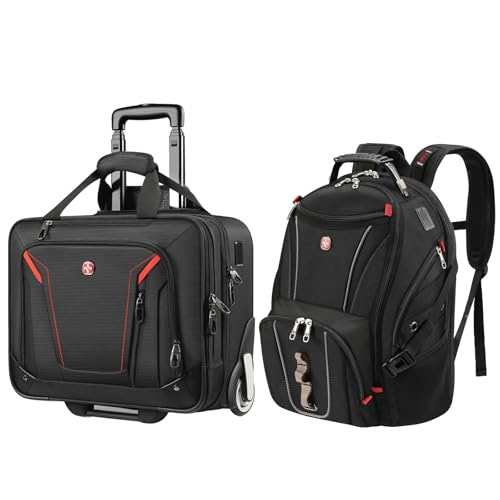 star cloud Rolling Laptop Bag with Wheels & 17 Inch Laptop Backpack Bundle, Business Travel Carry On Set with USB & Type-C Charging Ports