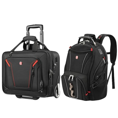 star cloud Rolling Laptop Bag with Wheels & 17 Inch Laptop Backpack Bundle, Business Travel Carry On Set with USB & Type-C Charging Ports