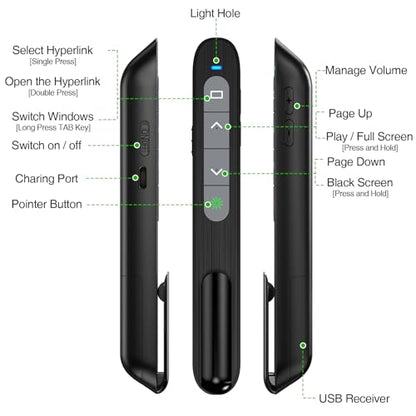 USB C Rechargeable Presentation Clicker with Green Light, Remote Clicker for Presentations Wireless Presenter Slide Changer PPT Advancer with Volume Control for Laptop Computer