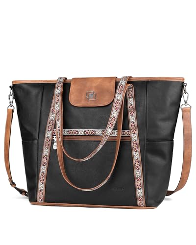 Large Laptop Tote Bag for Women Designer Leather Laptop Bag, 15.6in | Fashion Travel Backpack Purse Shoulder Handbag Fits 15.6 Laptop, Daily, Work, Business Trip, Weekend Travel, Teacher - color: Retro Black With Brown