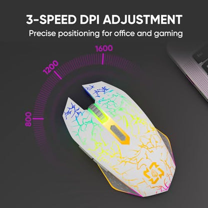 MELOGAGA Wireless Bluetooth Gaming Mouse, RGB Rechargeable, Silent, White | Dual-Mode Bluetooth & 2.4G, Rechargeable Battery, RGB Lighting, Silent Click, 3 DPI Levels for PC Laptop Desktop Mac - color: White