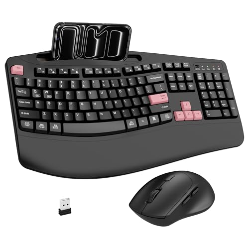 Wireless Keyboard and Mouse Combo, 2.4G Full Size Wave Keys Ergonomic Keyboard with Wrist Rest, Phone Holder, 3-Level DPI Wireless Silent Mouse with 6-Buttons, for Windows (Pink) - color: Pink