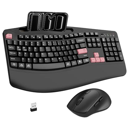 Wireless Keyboard and Mouse Combo, 2.4G Full Size Wave Keys Ergonomic Keyboard with Wrist Rest, Phone Holder, 3-Level DPI Wireless Silent Mouse with 6-Buttons, for Windows (Pink) - color: Pink
