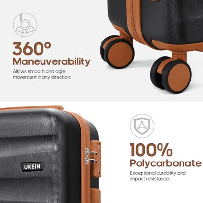 UKEIN Luggage Set with Backpack,Hardshell Carry On Luggage Airline Approved | 20inch Suitcase Set with 360° Smooth Spinner Wheels,TSA Lock,YKK Zippers,Lightweight 3 Piece,Polycarbonate - color: Black, size: Carry On 3 Piece Set (20inch)