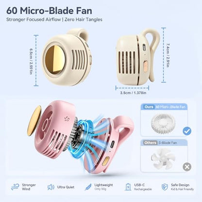 Portable Clip-On Fan, Mini Bladeless Waist Fan, 5100RPM 25dB Ultra-Quiet 3-Speed Rechargeable Small Whirlwind Fan, Hands-Free Personal Cooling for Outdoor Travel Office Camping with USB-C - color: White-Pink