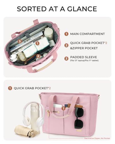 Tuwubi Canvas Tote Bag for Women, Large Tote Bag with Zipper & Compartments for Travel Work College Teacher Nurse - color: Pink