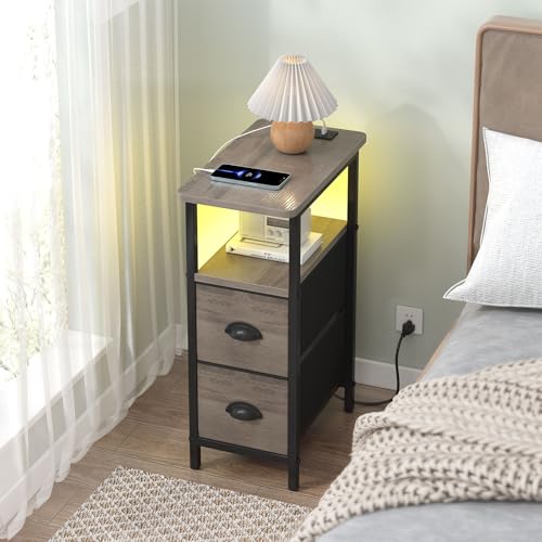 sthmec Narrow End Table with Charging Station, Narrow Side Table with 2 Fabric Drawers, LED End Table, Slim Nightstand with LED Light, Small Side Table for Small Spaces, Living Room, Bedroom, Grey - color: Grey, size: 7.87'' W x 15.75'' D x 24.37'' H, sty