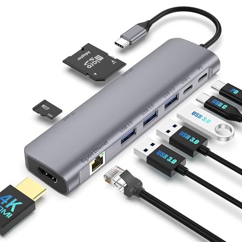 9-in-1 USB C Hub Laptop Docking Station, Multiport Adapter with 4K@30Hz HDMI, 3X USB 3.0, Gigabit Ethernet, Type-C Data Port, 100W PD, SD/Micro SD, for MacBook Pro/Air, Dell XPS, HP, Lenovo