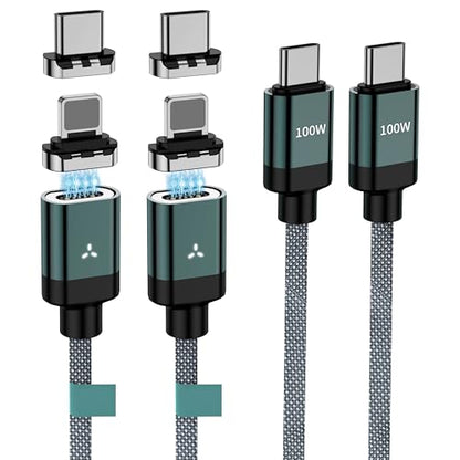 100W 2 in 1 Magnetic USB C Charging Cable [2-Pack, 4/6.6FT] 480Mbps Data Transfer, 5A C to C Cable Fast Charging for iPhone 16/15/14/13 Pro Max, MacBook Pro,iPad,Galaxy S22,Pixel - color: Green