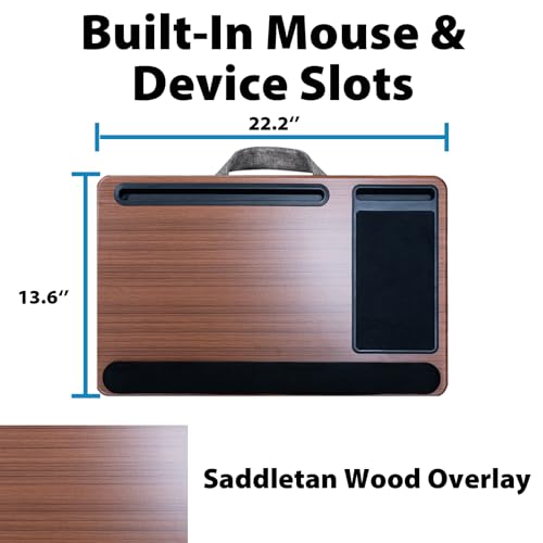 Cyberguys Comfort Lap Desk for Laptop up to 15.6 in – Black with Saddletan Wood Overlay with Mouse Pad, Phone & Tablet Slot, Dual Cushion Base, Wrist Rest & Carry Handle for Bed Desk Couch Sofa - color: Black With Saddletan Wood Overlay